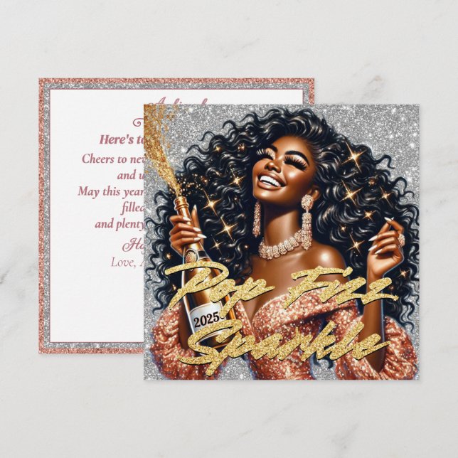 Carte Femme noire glamour Popping Champagne Nouvel An (Devant / Derrière)