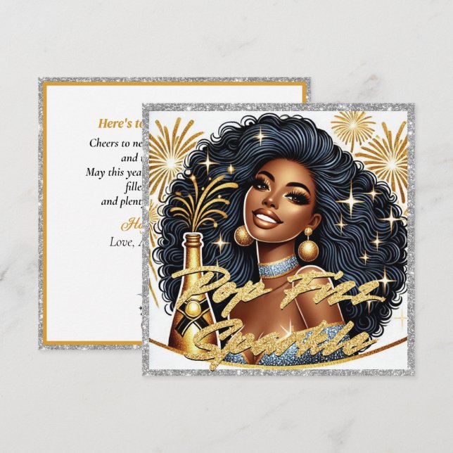 Carte Femme noire glamour Popping Champagne Nouvel An (Devant / Derrière)