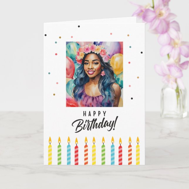 Carte Femme noire souriante Joyeux anniversaire (Orchidée)