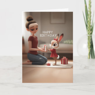 Carte Femme offrant un cadeau d'anniversaire à un lapin