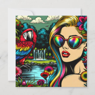 Carte Femme Rétro et Perroquet dans le Parc Pop Art