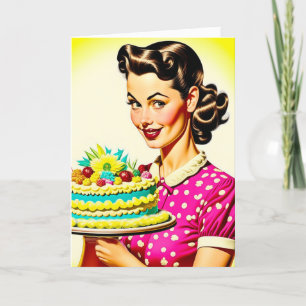 Carte Femme rétro tenant un Anniversaire de mari de gâte