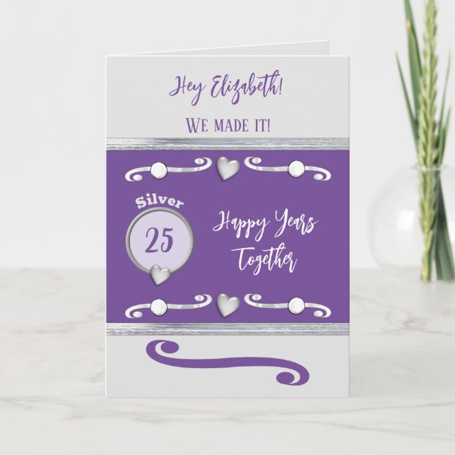 Carte Femme t'aime argent 25e anniversaire violet (Devant)