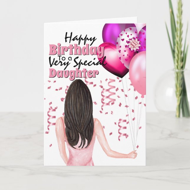 Carte Femme tenant des ballons roses confetti party (Devant)
