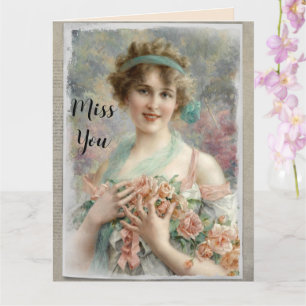 Carte Femme victorienne avec Rose sur Arrière - plan aqu
