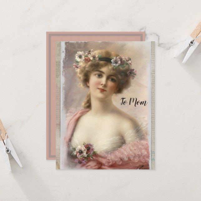 Carte Femme victorienne en détresse avec fleurs sur aqua (Devant/Arrière en situation)