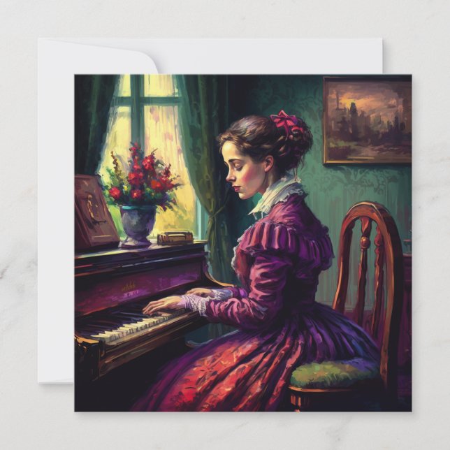 Carte Femme victorienne jouant du piano, peinture à l'hu (Devant)