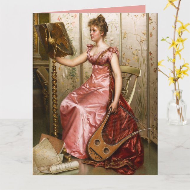 Carte Femme vintage en rose (Fleur jaune)