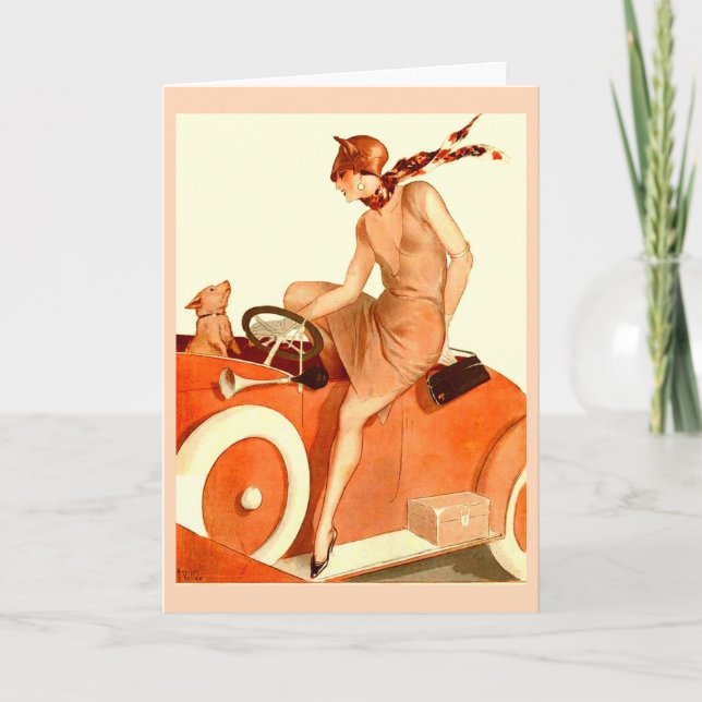 Carte Femme, voiture et chien des années 1920 (Devant)