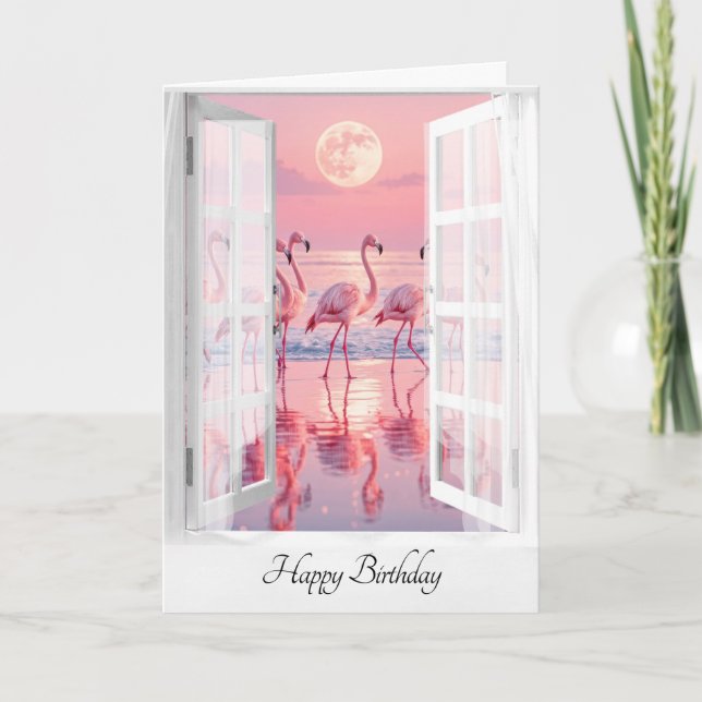 Carte Fenêtre Anniversaire Avec Flamants roses (Devant)