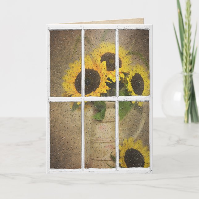 Carte fenêtre mouillée avec bouquet de tournesols (Devant)