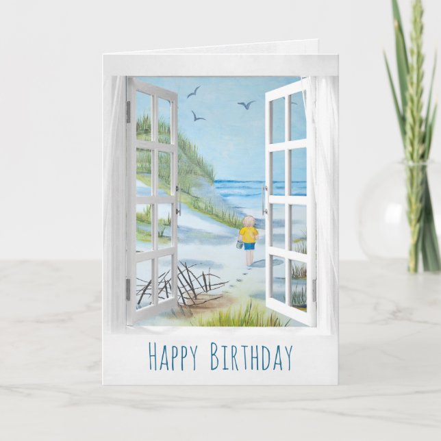 Carte fenêtre ouverte scène de bord de mer anniversaire (Devant)