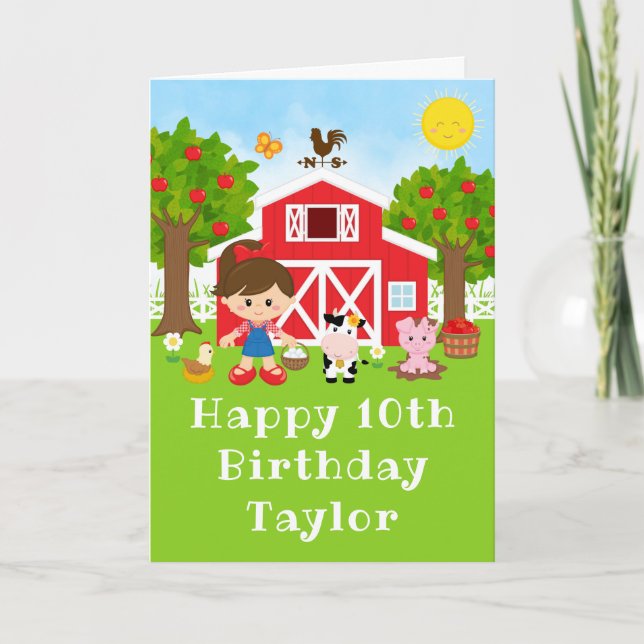 Carte Ferme Red Grange Brown Coiffeuse fille Joyeux anni (Devant)