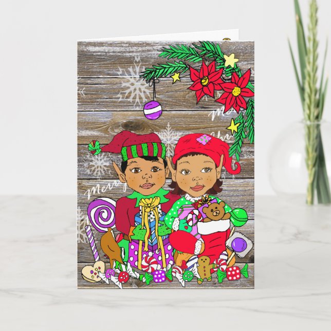 Carte Festif Joyeux elfes ethniques de Noël (Devant)