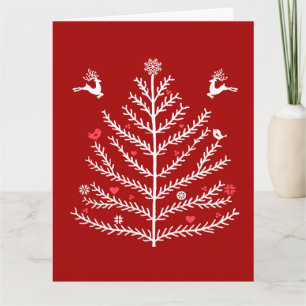Carte Festif Nordic Christmas Tree Cerf rouge foncé
