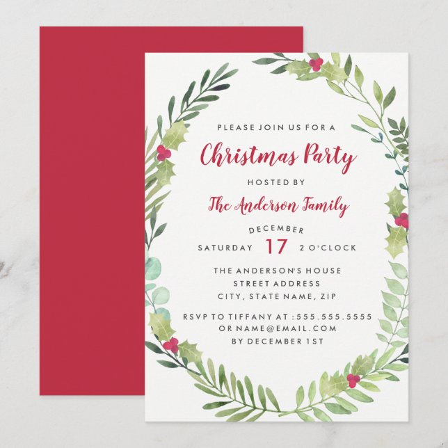 Carte Festin Watercolor Wreath Christmas Party (Devant / Derrière)