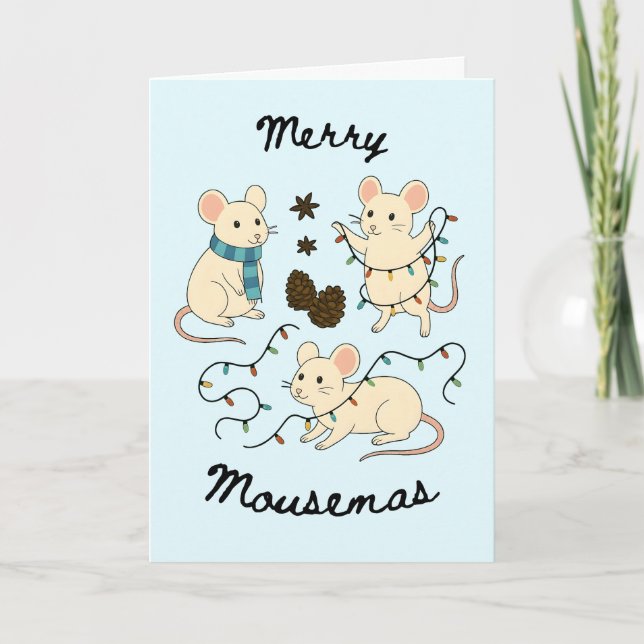 Carte Festive Mice with Fairy Lights – Christmas Card (Devant)