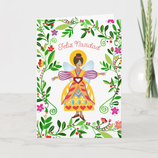 Carte Festive moderne Folk Angel espagnol Noël (Devant)