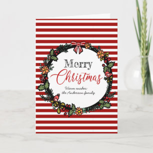 Carte Festive Red Stripes Holly Wreath Joyeux Noël