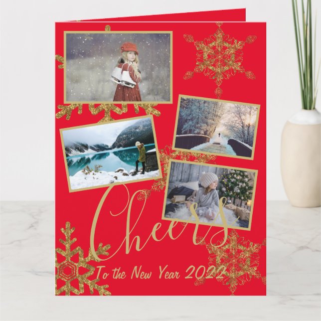 Carte Festive Rouge Cheers Nouvel An Gold Snowflake Phot (Devant)