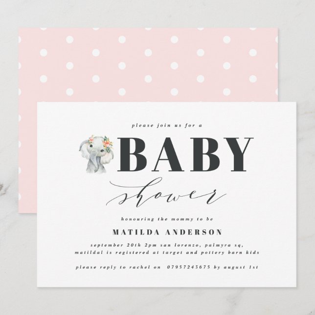 Carte Fête baby shower d'éléphant aquarelle (Devant / Derrière)