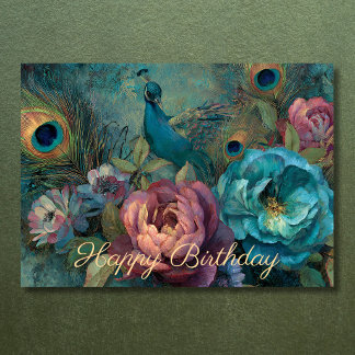 Carte Fête d'anniversaire Bohème Paon Fleurs et Plumes