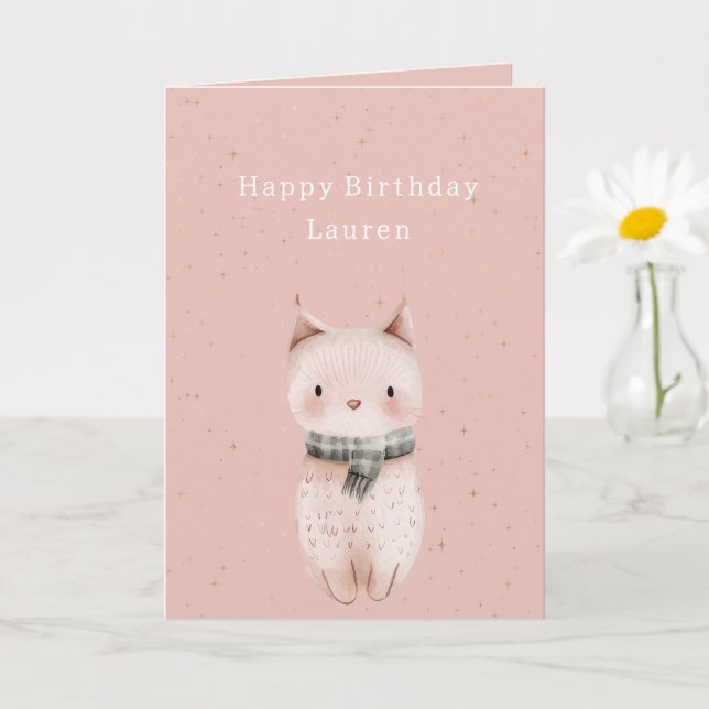 Carte Fête d'anniversaire de chat rose tendre  (Petite plante)