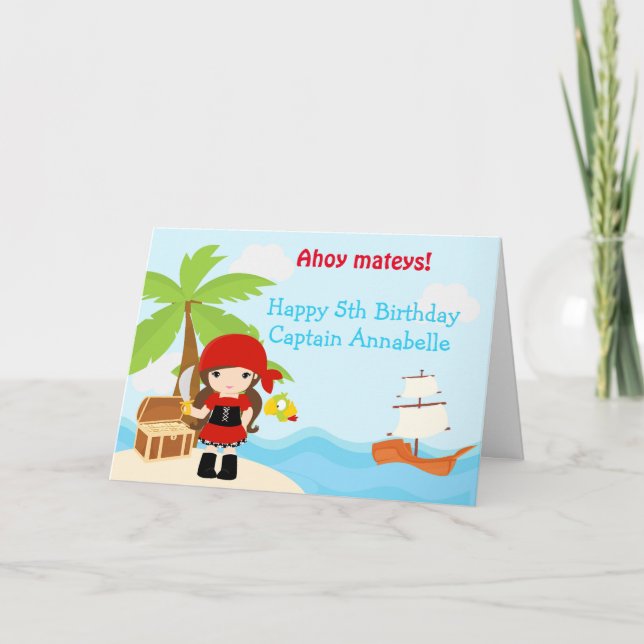 Carte Fête d'anniversaire de fille pirate brunette migno (Devant)