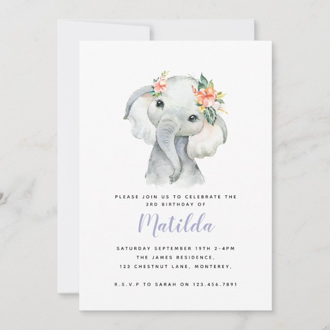 Carte Fête d'anniversaire de petite fille d'éléphant aqu (Devant)