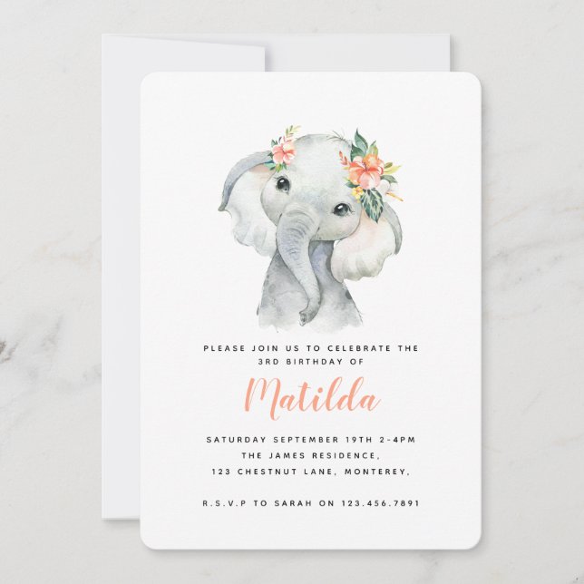 Carte Fête d'anniversaire de petite fille d'éléphant aqu (Devant)
