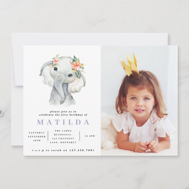 Carte Fête d'anniversaire de petite fille d'éléphant aqu (Devant)