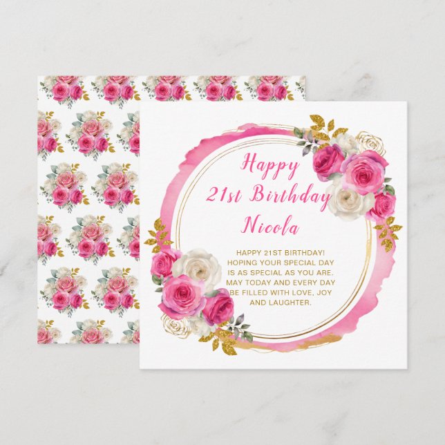 Carte Fête d'anniversaire élégante fleurs rose et or (Devant / Derrière)