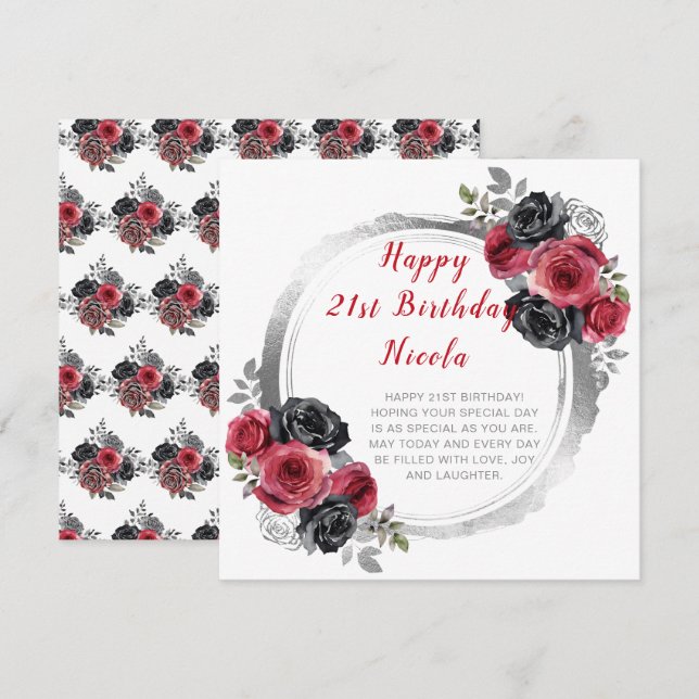 Carte Fête d'anniversaire rouge et argent (Devant / Derrière)