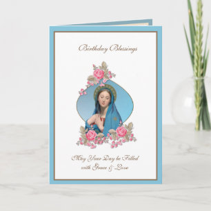 Carte Fête d'anniversaire Vierge Marie Jésus roses roses