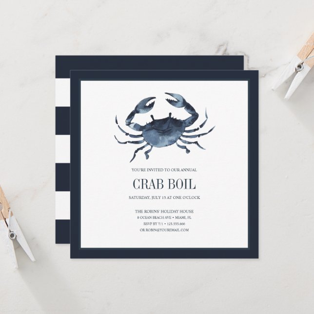 Carte Fête de crabe bleu chic côtier Fête de bouillie de (Devant/Arrière en situation)