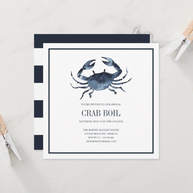 Carte Fête de crabe de la Marine Chic Coastal Seafood Bo (Devant/Arrière en situation)