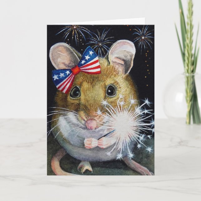 Carte Fête de l'Indépendance Souris no 1 Aquarelle Art (Devant)