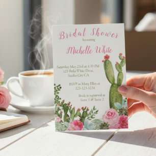 Carte Fête de mariage de Cactus Floral Rose Rustique
