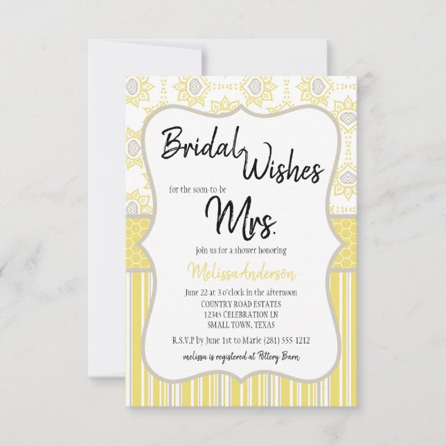 Carte Fête de mariage géométrique jaune et gris abeille (Devant)