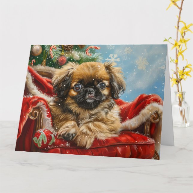 Carte Fête de Noël des chiens de Pékin (Fleur jaune)
