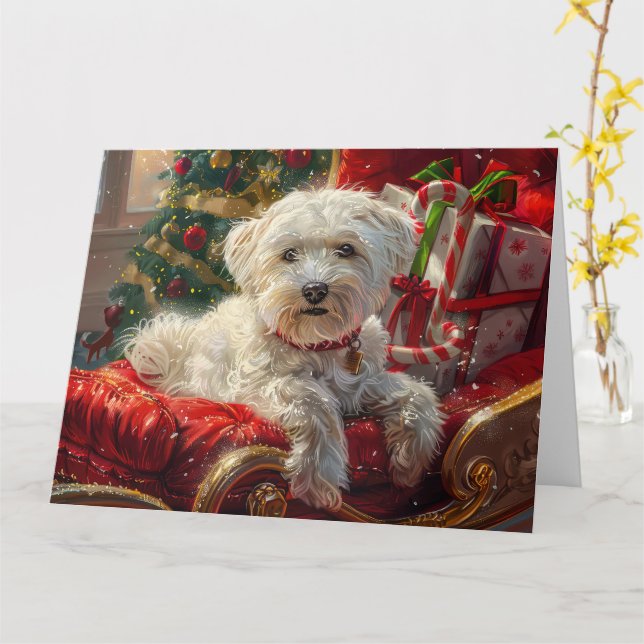 Carte Fête de Noël des chiens maltais (Fleur jaune)