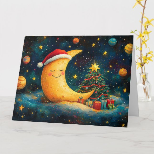 Carte Fête de Noël drôle Lune Galaxy (Fleur jaune)
