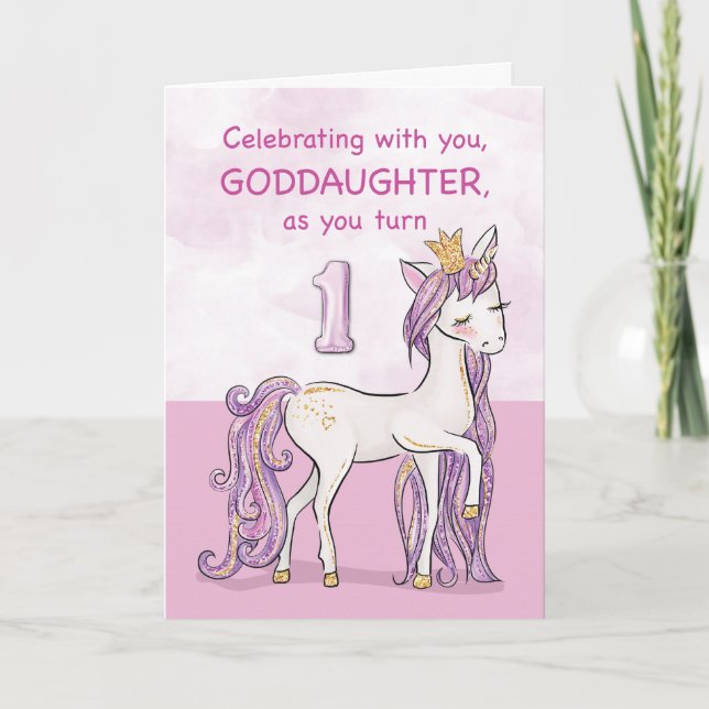 Carte Fête des 1 an de la filleule Cheval Rose Avec Cour (Devant)