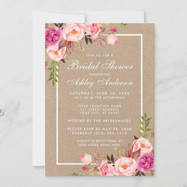 Carte Fête des mariées Rose Blush Floral Kraft Invitatio (Devant)
