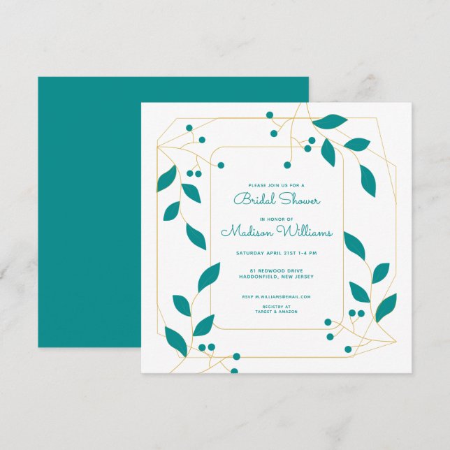 Carte FÊTE DES MARIÉES Turquoise & or Floral (Devant / Derrière)