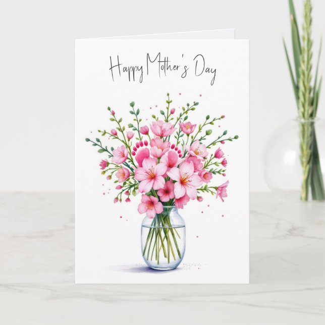Carte Fête des mères Bouquet de fleurs roses avec pieds  (Devant)