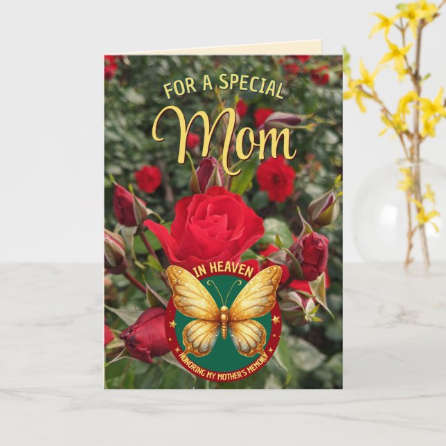 Carte Fête des Mères célestes Roses rouges Papillon doré (Fleur jaune)