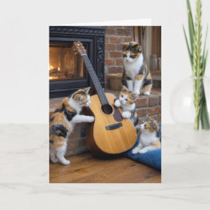 Carte Fête des mères chat calicot avec chatons et guitar