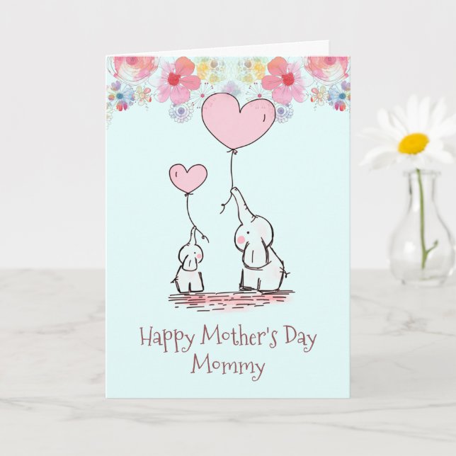 Carte Fête des mères de bébé éléphant maman & bébé (Petite plante)