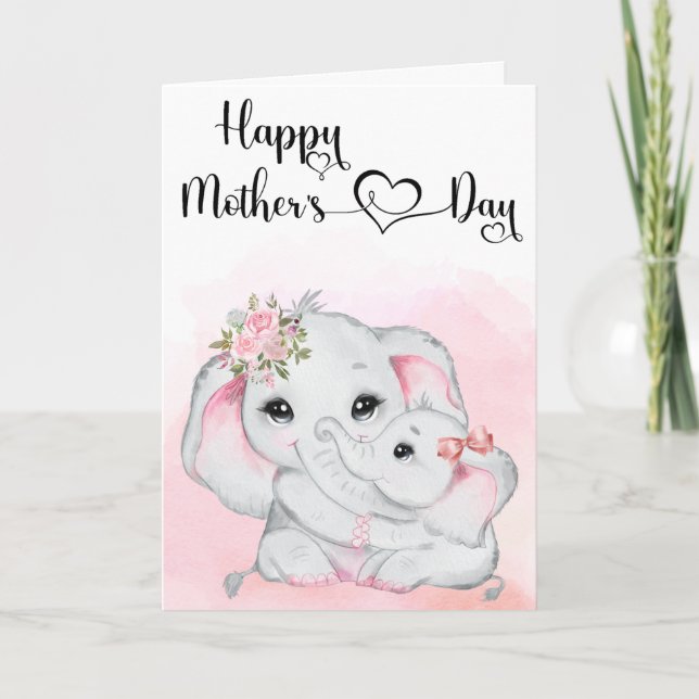 Carte Fête des Mères des Eléphants et des Bébés roses mi (Devant)